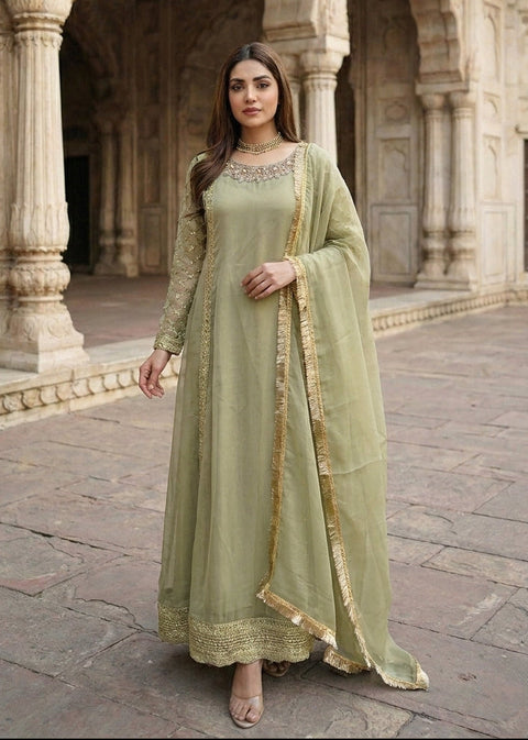 Olive Green Chiffon Maxi with Adda Work Neck & Chiffon Dupatta