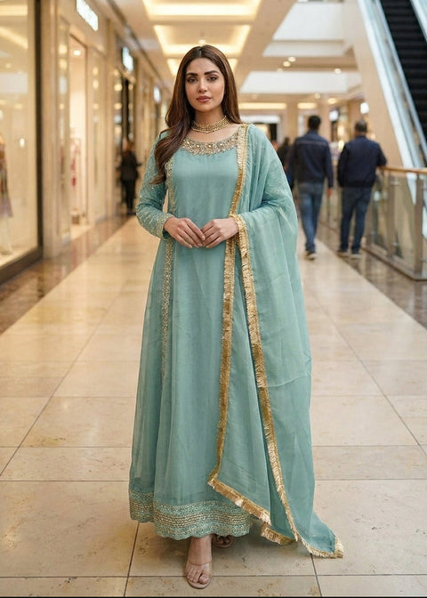 Sky Blue Chiffon Maxi with Adda Work Neck & Chiffon Dupatta