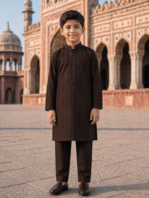 Classic Dark Brown Kids Kurta Pajama – Elegant Traditional Wear