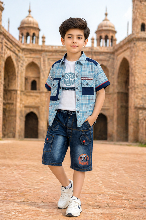 Boys Transformers 3-Piece Outfit Set – Check Shirt, Graphic Tee & Denim Shorts