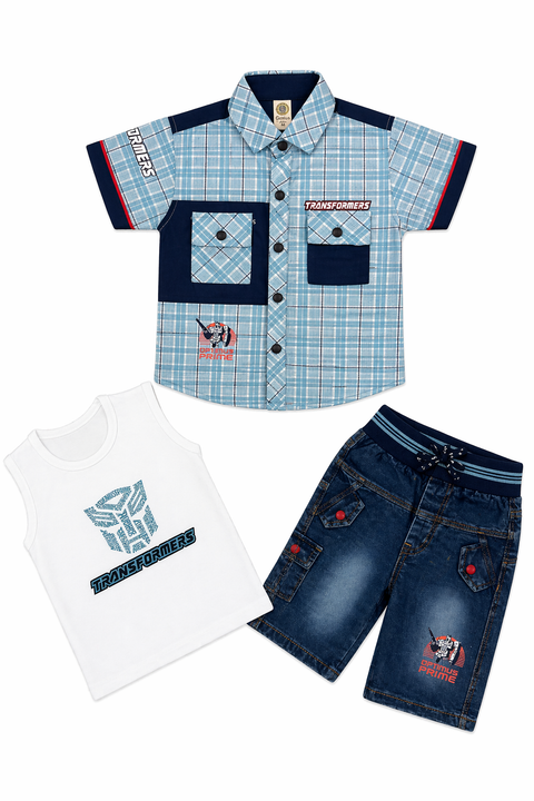 Boys Transformers 3-Piece Outfit Set – Check Shirt, Graphic Tee & Denim Shorts