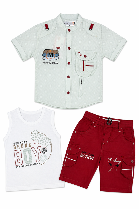 Boys Light Mint Green Shirt, Graphic Tee & Red Cargo Shorts 3-Piece Summer Outfit Set