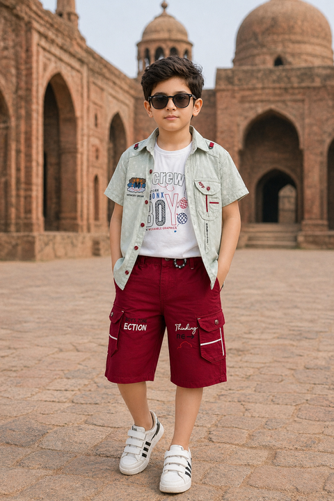 Boys Light Mint Green Shirt, Graphic Tee & Red Cargo Shorts 3-Piece Summer Outfit Set