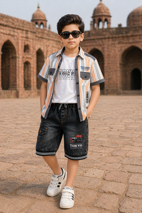 Boys Trendy Striped Shirt & Denim Shorts 3-Piece Summer Outfit Set