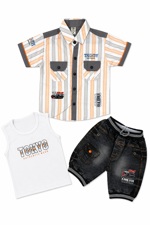 Boys Trendy Striped Shirt & Denim Shorts 3-Piece Summer Outfit Set