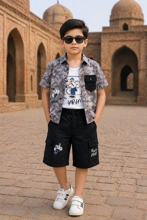 Boys “Think You!” Printed Shirt & Shorts 3-Piece Casual Summer Set