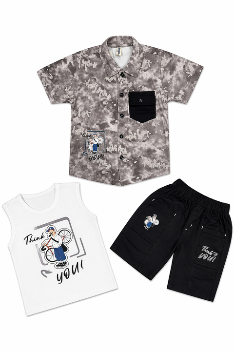 Boys “Think You!” Printed Shirt & Shorts 3-Piece Casual Summer Set