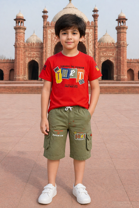 Boys Red Graphic T-Shirt with Olive Cargo Shorts Set – Summer Casual Outfit