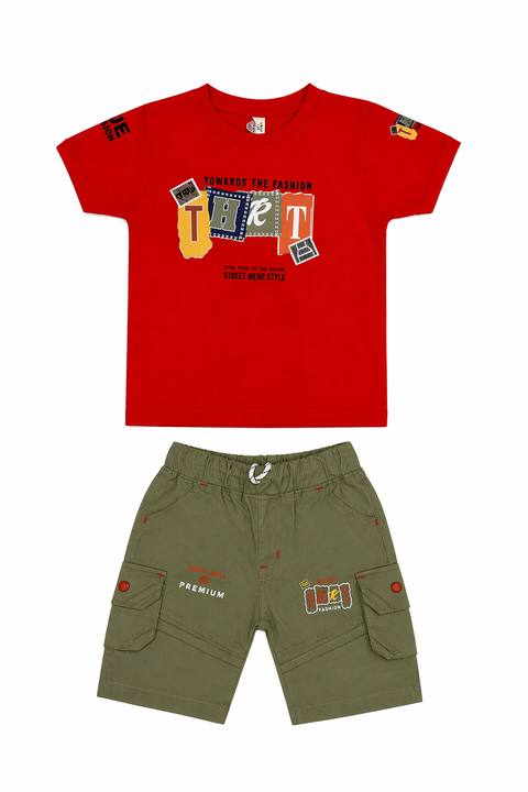 Boys Red Graphic T-Shirt with Olive Cargo Shorts Set – Summer Casual Outfit