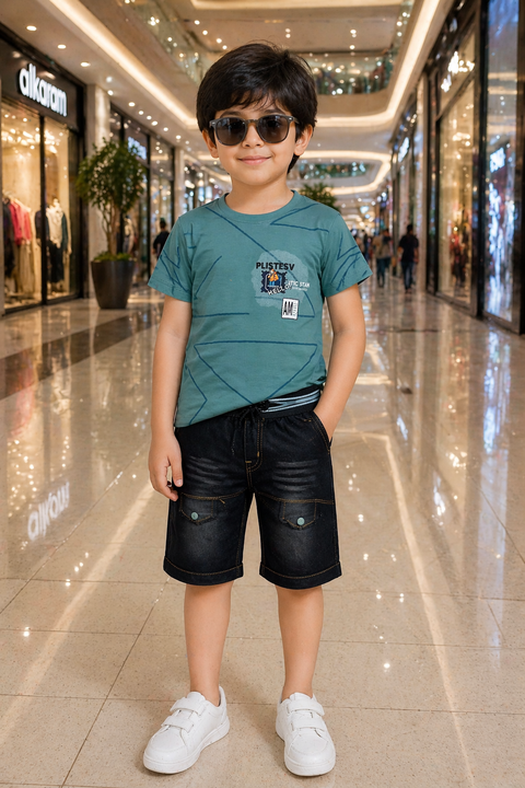 Boys Trendy Teal T-Shirt & Dark Denim Shorts Set – Summer Outfit