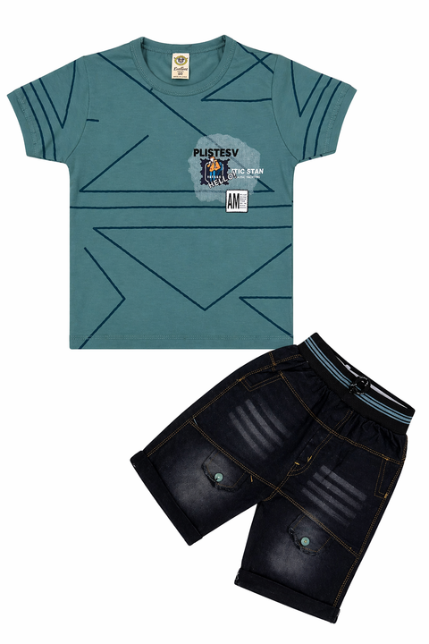 Boys Trendy Teal T-Shirt & Dark Denim Shorts Set – Summer Outfit