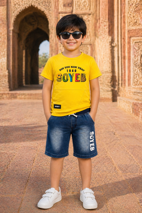Kids Graphic Summer Co-ord Set – Yellow Tee & Denim Shorts