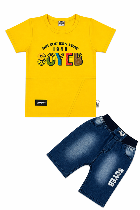 Kids Graphic Summer Co-ord Set – Yellow Tee & Denim Shorts