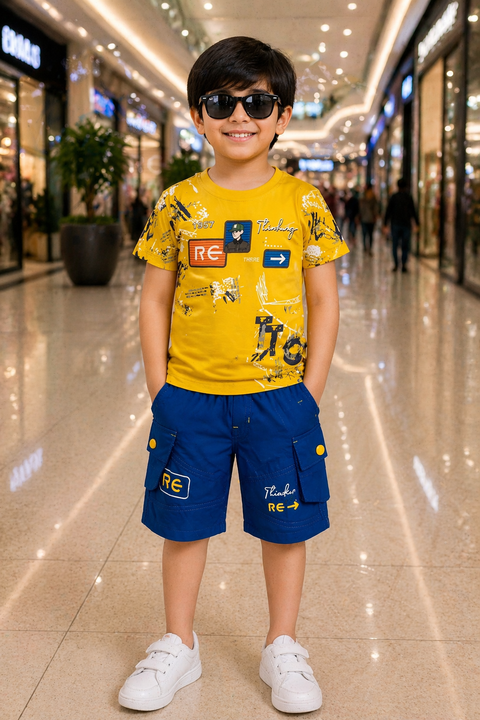Kids Trendy Graphic Co-ord Set – Yellow Tee & Blue Cargo Shorts