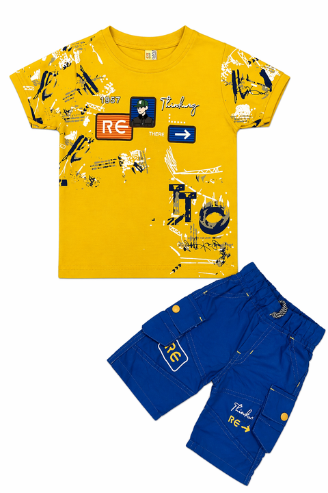 Kids Trendy Graphic Co-ord Set – Yellow Tee & Blue Cargo Shorts