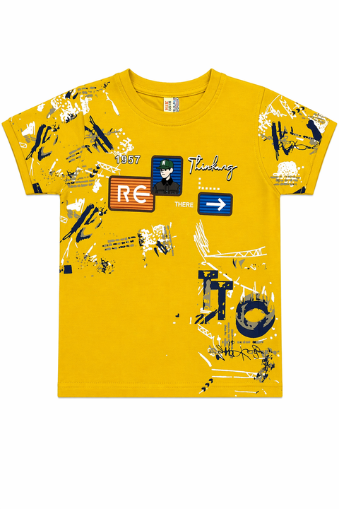 Kids Trendy Graphic Co-ord Set – Yellow Tee & Blue Cargo Shorts