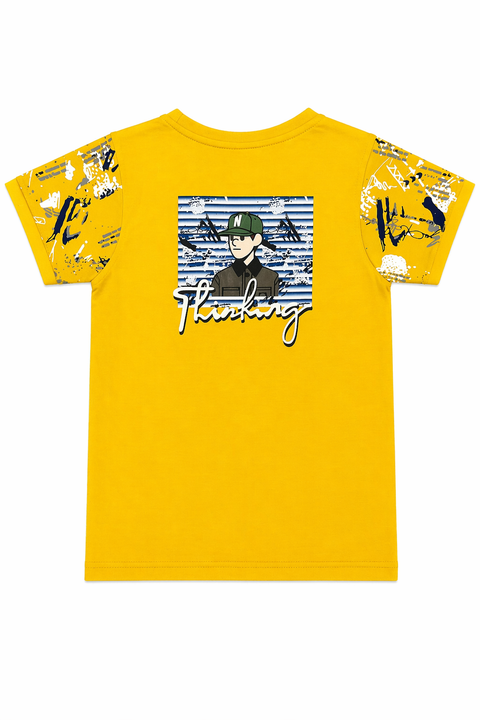 Kids Trendy Graphic Co-ord Set – Yellow Tee & Blue Cargo Shorts