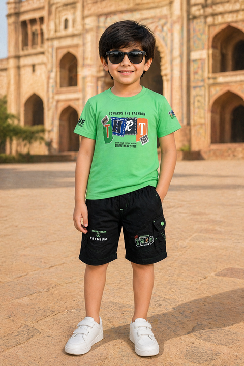Kids Street Style Co-ord Set – Green Graphic Tee & Black Cargo Shorts