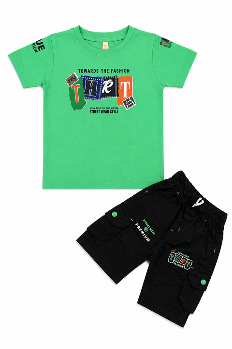 Kids Street Style Co-ord Set – Green Graphic Tee & Black Cargo Shorts
