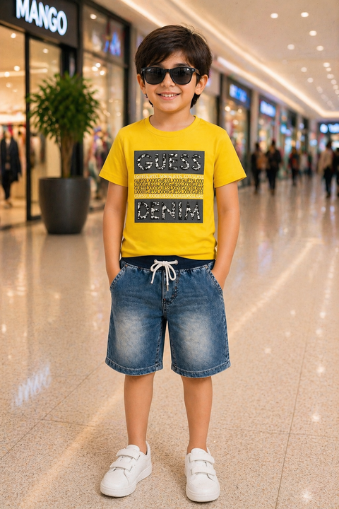 Kids Casual Graphic Co-ord Set – Yellow “Guess Denim” Tee & Blue Shorts