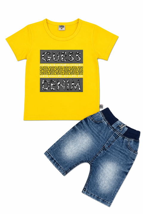 Kids Casual Graphic Co-ord Set – Yellow “Guess Denim” Tee & Blue Shorts
