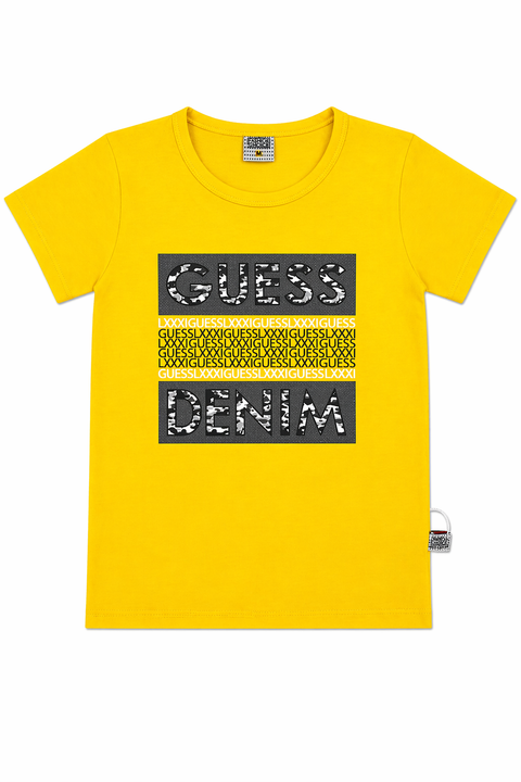 Kids Casual Graphic Co-ord Set – Yellow “Guess Denim” Tee & Blue Shorts