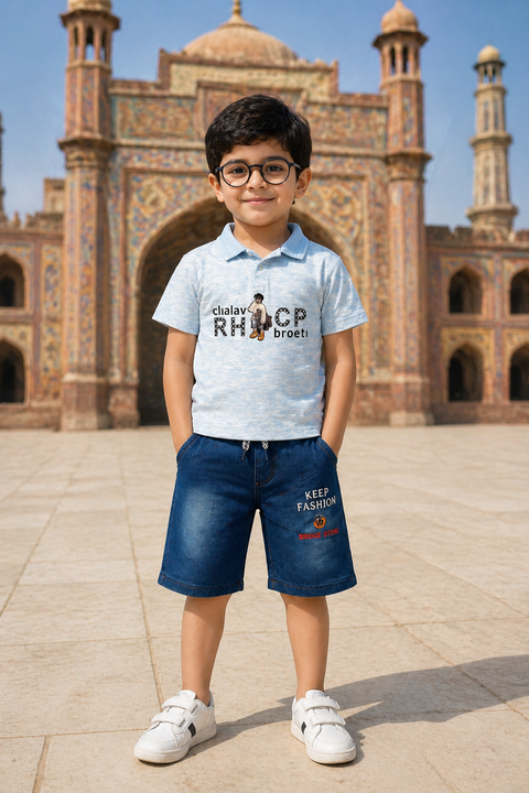 Boys Casual Polo T-Shirt & Denim Shorts Set – Light Blue & Dark Wash