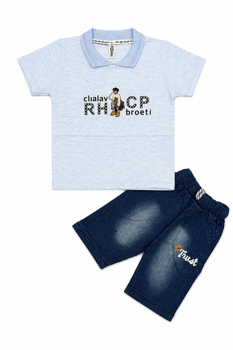 Boys Casual Polo T-Shirt & Denim Shorts Set – Light Blue & Dark Wash