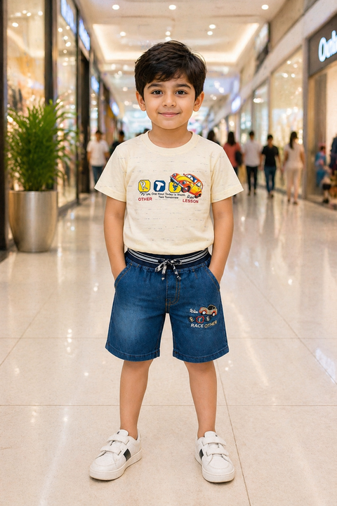 Boys Casual Summer Outfit Set – Cream Graphic T-Shirt with Denim Shorts