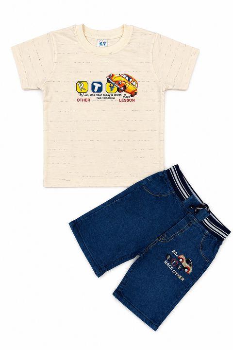 Boys Casual Summer Outfit Set – Cream Graphic T-Shirt with Denim Shorts
