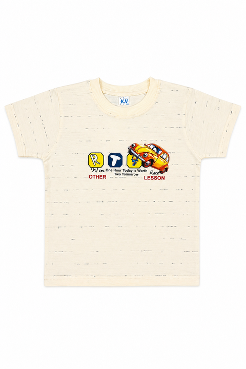 Boys Casual Summer Outfit Set – Cream Graphic T-Shirt with Denim Shorts