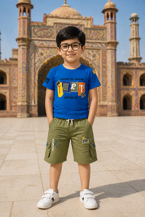 Boys Trendy Summer Outfit Set – Blue Graphic T-Shirt with Olive Cargo Shorts