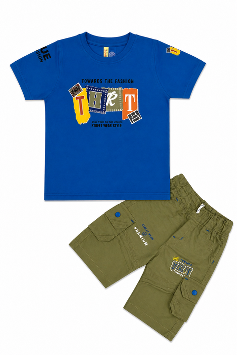 Boys Trendy Summer Outfit Set – Blue Graphic T-Shirt with Olive Cargo Shorts