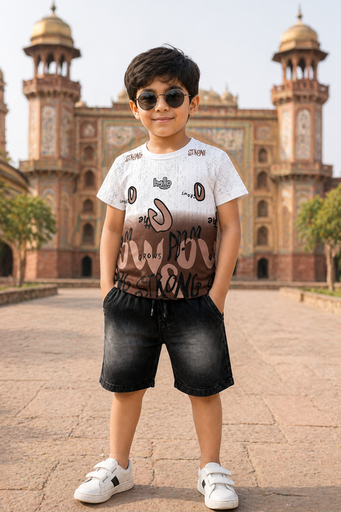 Boys Summer Outfit – Strong Print Tee with Denim Shorts