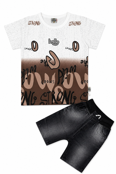 Boys Summer Outfit – Strong Print Tee with Denim Shorts