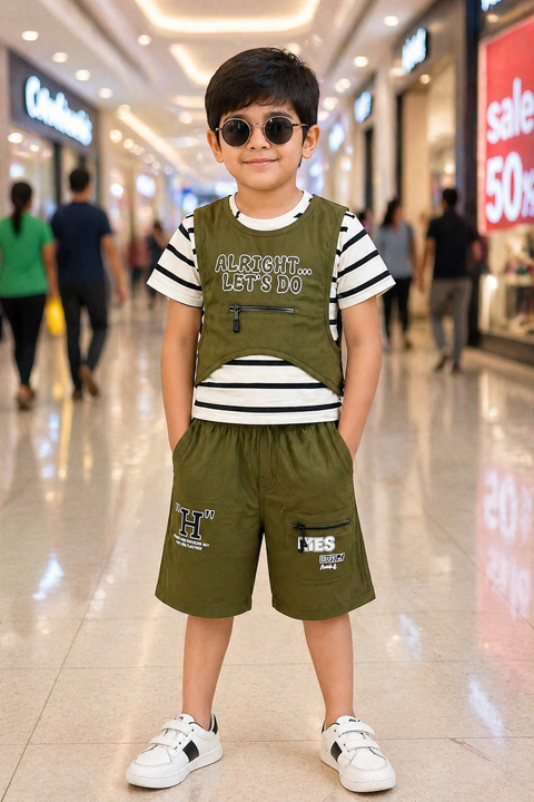 Boys 2-Piece Casual Outfit – Striped Tee with Olive Utility Vest & Shorts Set