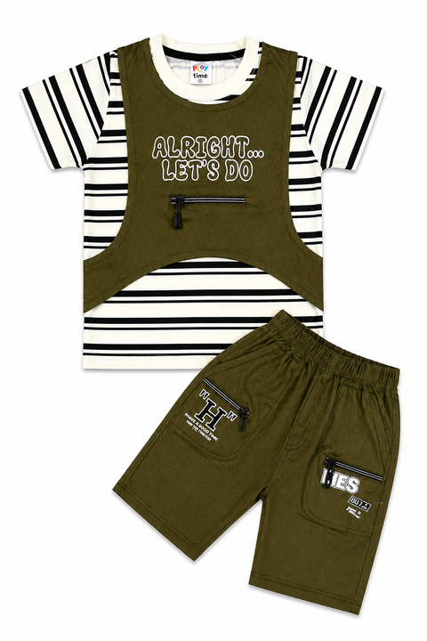 Boys 2-Piece Casual Outfit – Striped Tee with Olive Utility Vest & Shorts Set