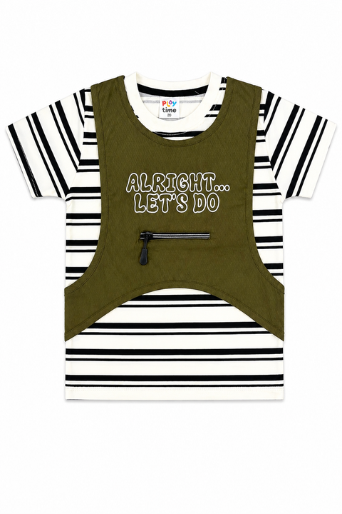 Boys 2-Piece Casual Outfit – Striped Tee with Olive Utility Vest & Shorts Set