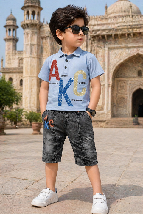 Boys Casual Summer Outfit Set – Printed Polo T-Shirt & Denim Shorts