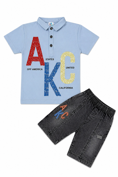 Boys Casual Summer Outfit Set – Printed Polo T-Shirt & Denim Shorts