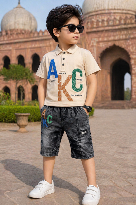 Boys Casual Summer Outfit Set – Printed Polo T-Shirt & Denim Shorts