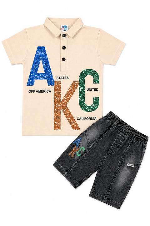Boys Casual Summer Outfit Set – Printed Polo T-Shirt & Denim Shorts