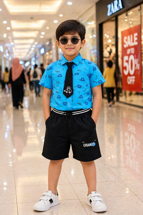 “Kids Smart Casual Blue Shirt & Black Shorts Set with Tie”