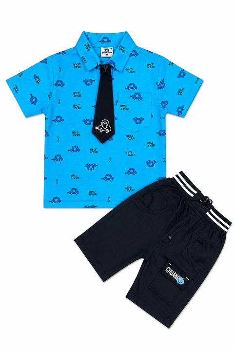“Kids Smart Casual Blue Shirt & Black Shorts Set with Tie”