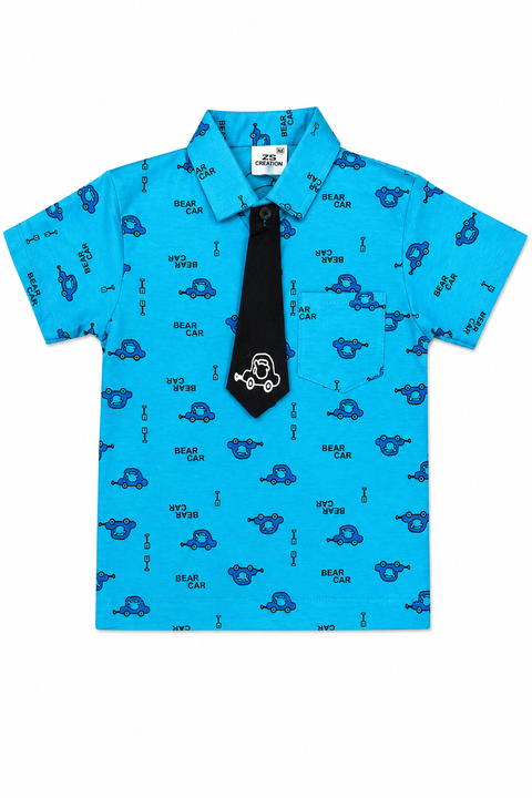 “Kids Smart Casual Blue Shirt & Black Shorts Set with Tie”