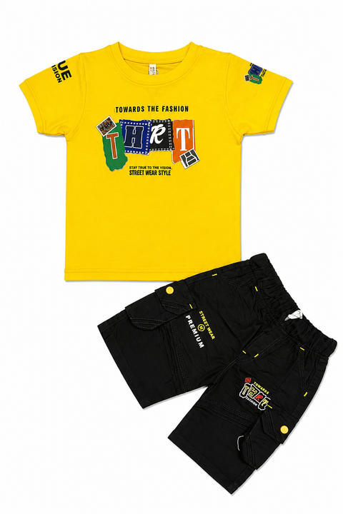 Boys Trendy Summer Outfit Set – Yellow Graphic T-Shirt with Black Cargo Shorts