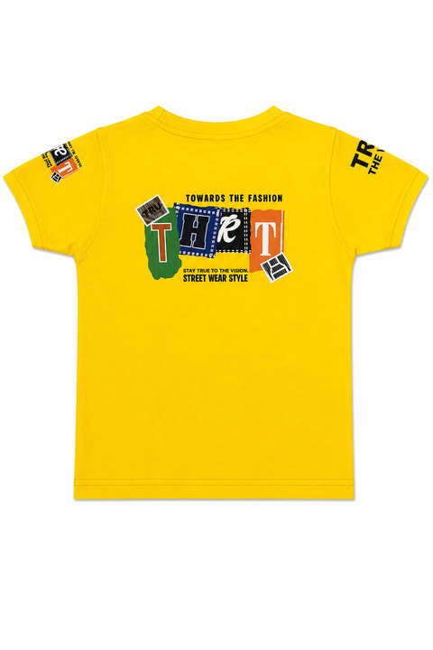 Boys Trendy Summer Outfit Set – Yellow Graphic T-Shirt with Black Cargo Shorts