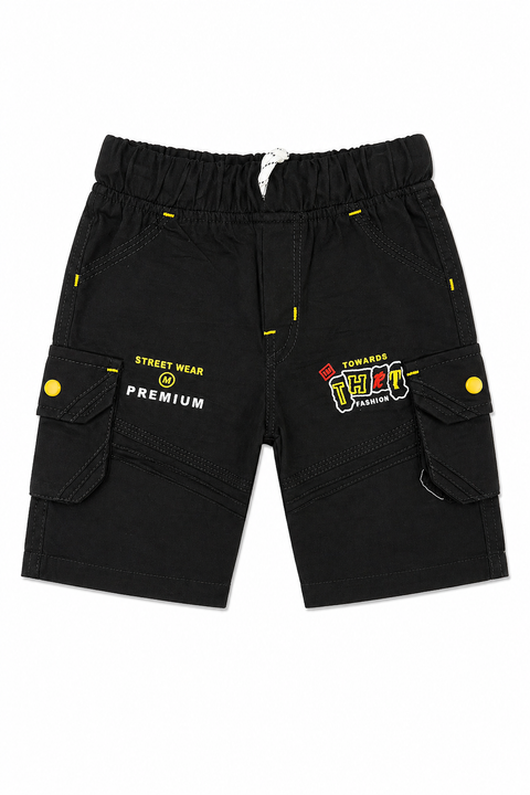 Boys Trendy Summer Outfit Set – Yellow Graphic T-Shirt with Black Cargo Shorts