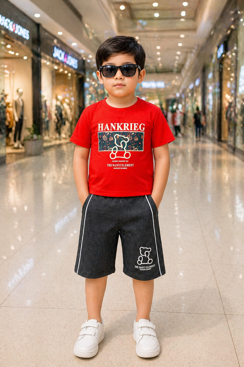 Stylish Red Graphic T-Shirt & Grey Shorts Kids Set