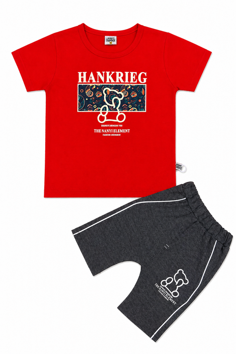 Stylish Red Graphic T-Shirt & Grey Shorts Kids Set